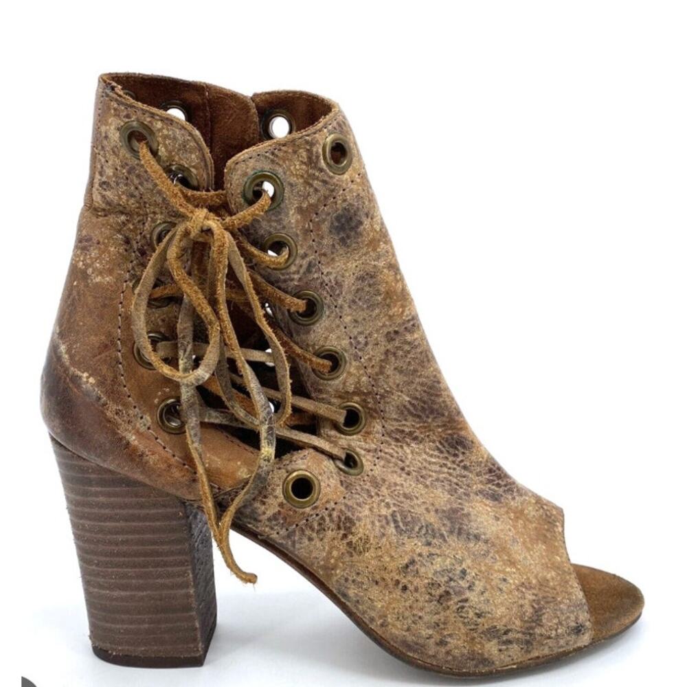 Diba True Ivy Vine Bootie Leather Open Toe Lace Up Boots 6 Distressed Brown